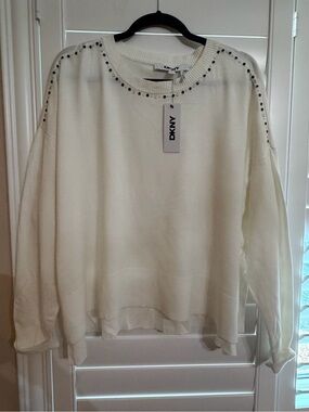 DKNY Ivory Knit Crewneck Sweater with Stud Embellishments